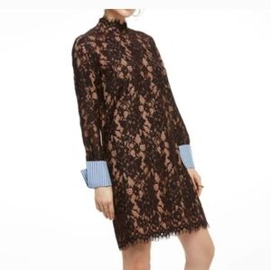 Scotch & Soda Black and Burgundy Lace Dress with Nude Underlay and Striped Cuffs
